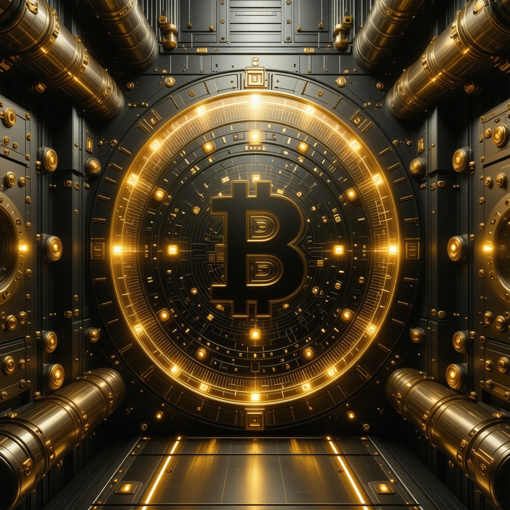 Modern vault with digital gold tokens and blockchain technology integration