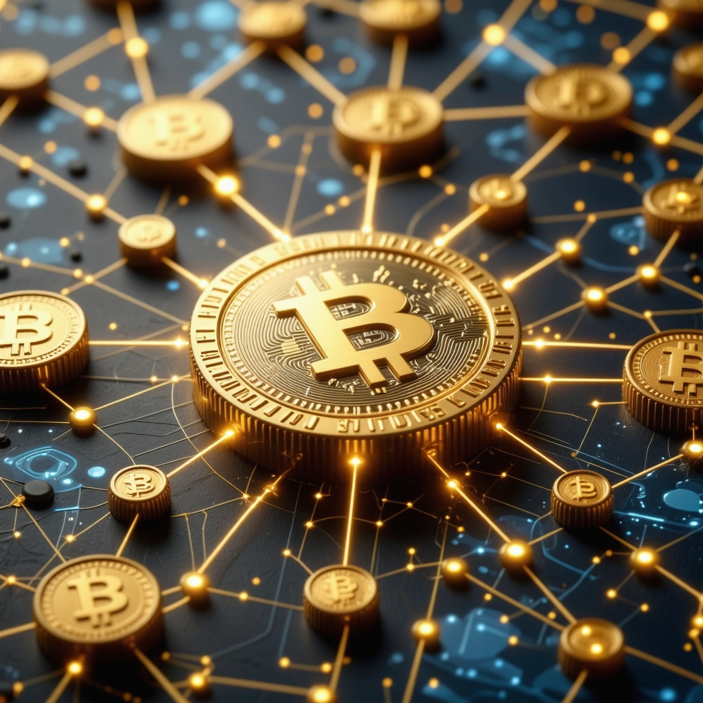 Digital illustration of blockchain network with gold tokens and secure transactions