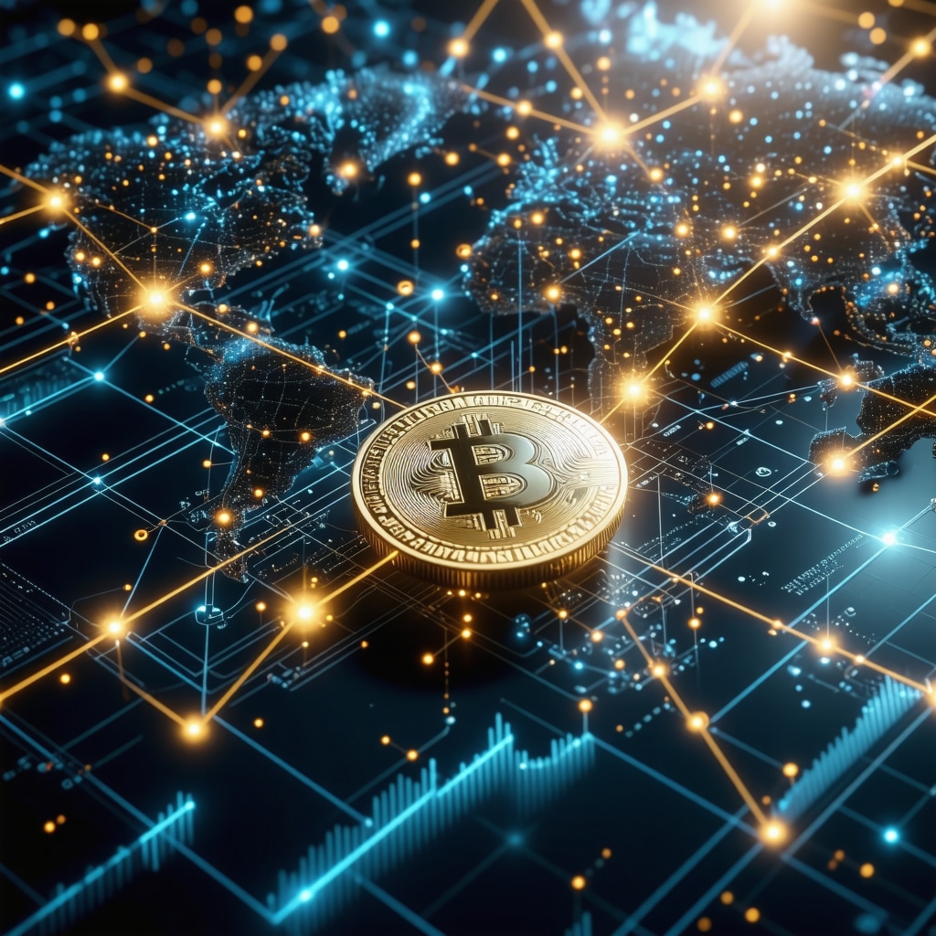 Digital interface showing blockchain networks and predictive market analytics for gold coin investments