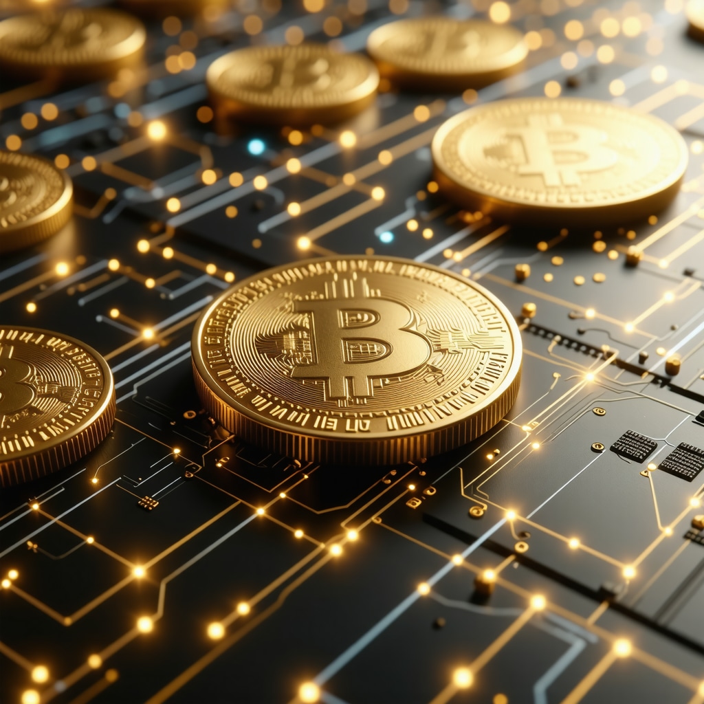 Futuristic digital gold tokens on blockchain interface, secure and transparent transaction visual