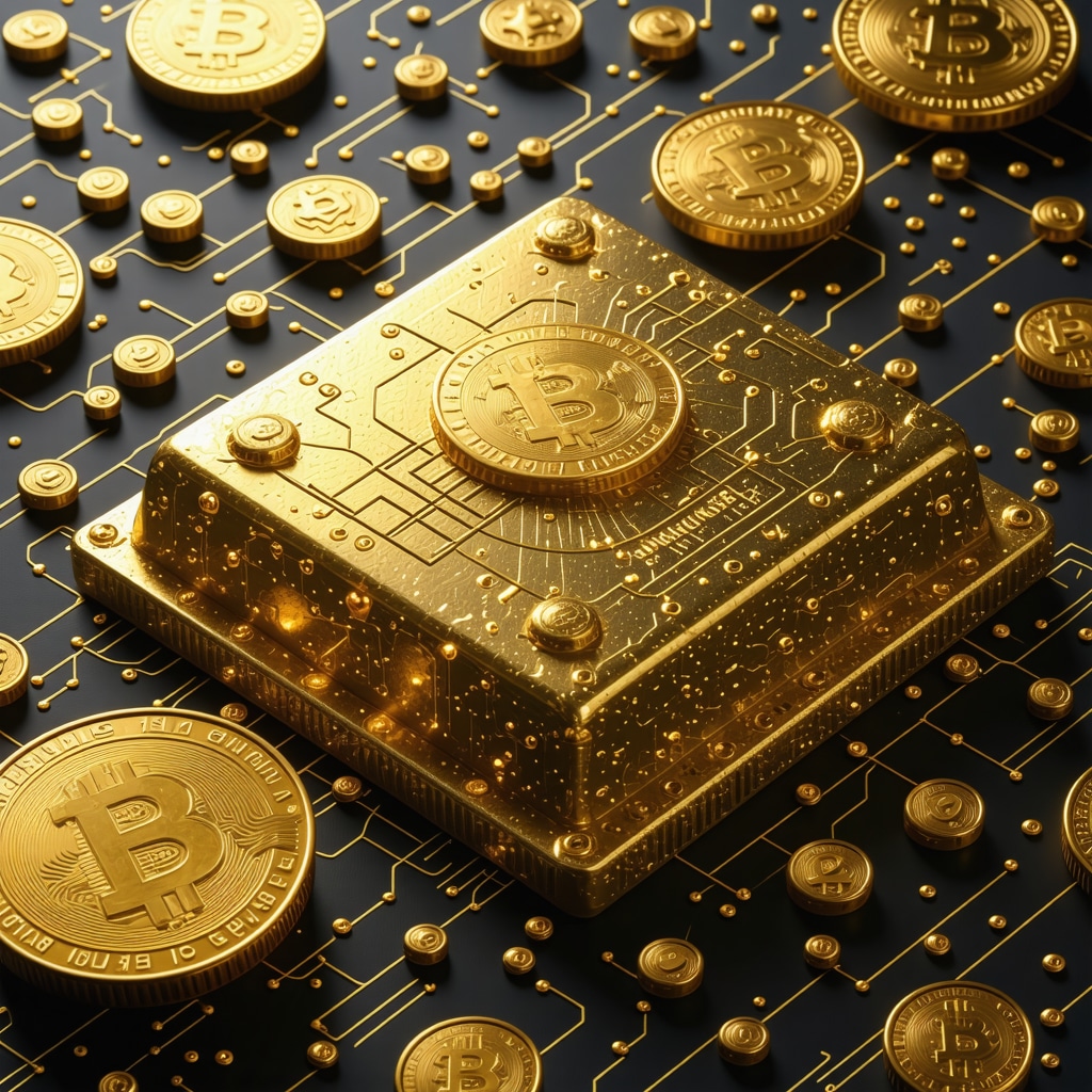 Futuristic digital gold tokens on blockchain platform representing secure investments