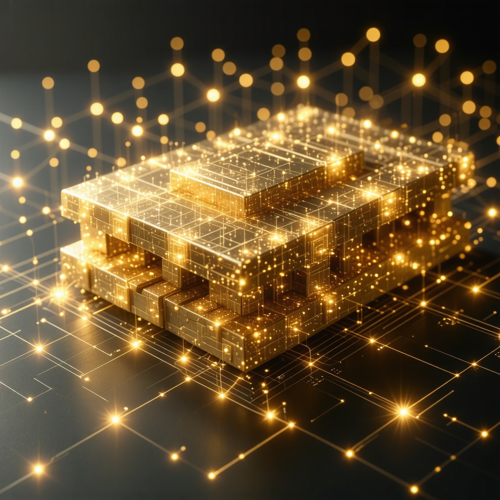 Graphical illustration of blockchain technology applied to gold supply chain, emphasizing transparency and security