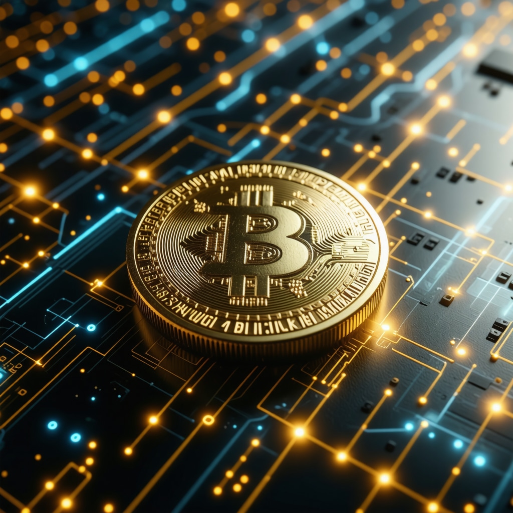 Futuristic blockchain gold token representing digital asset trading