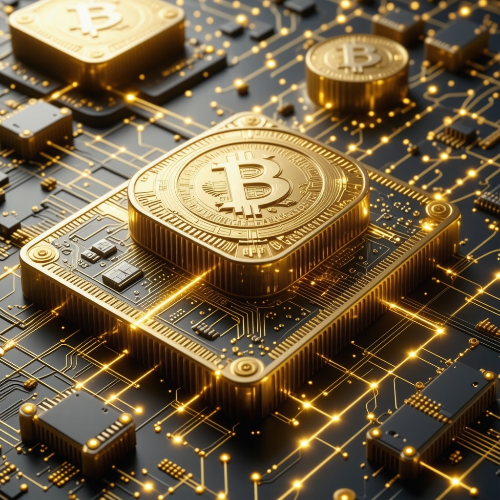Futuristic digital platform showcasing blockchain-based gold tokens and financial analytics.