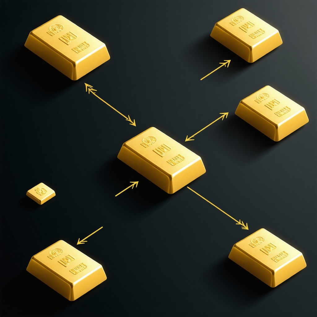 Illustration of blockchain-based gold tokenization showing digital ledger and gold transactions
