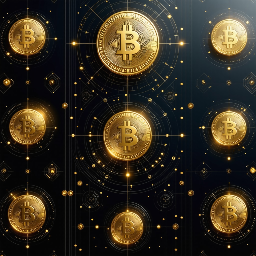 Futuristic digital gold tokens and blockchain icons representing innovation in gold trading in 2025
