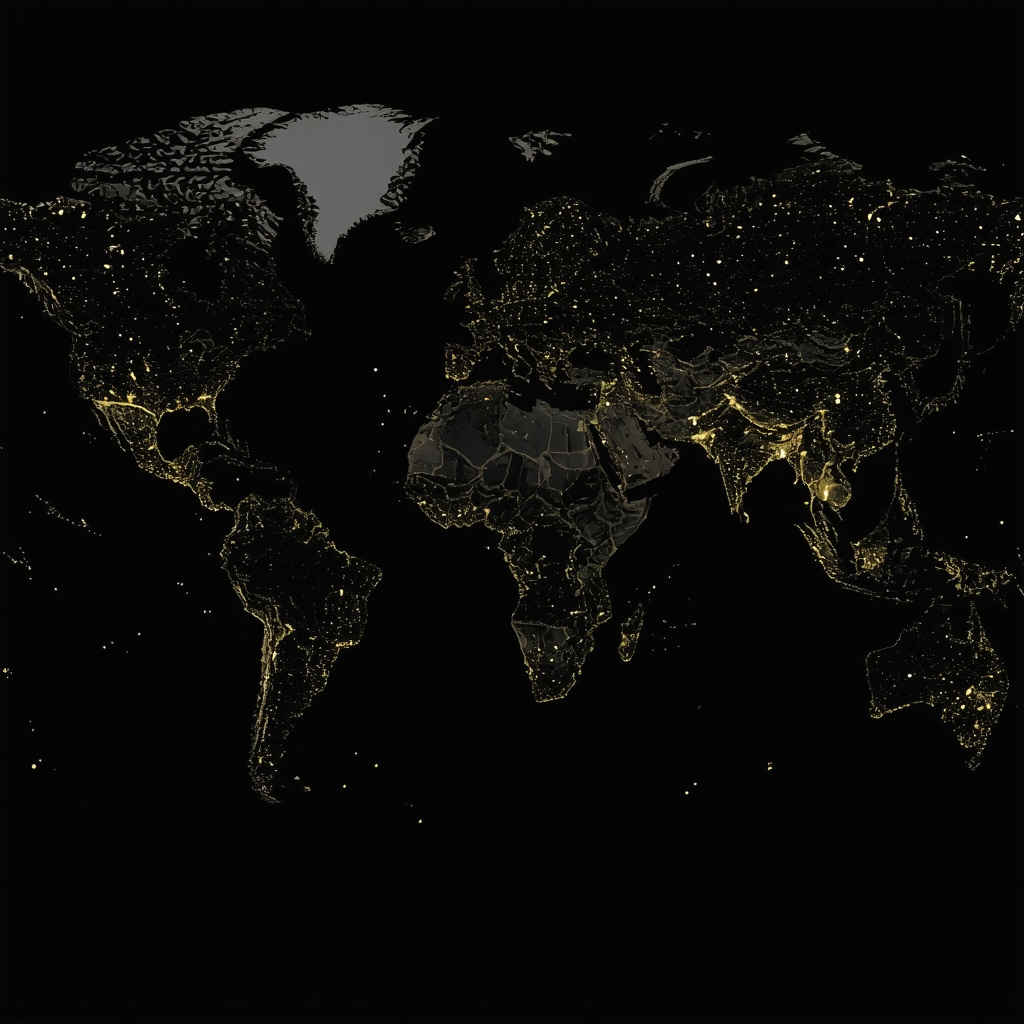 Futuristic digital gold trading platform with blockchain technology and global network visualization