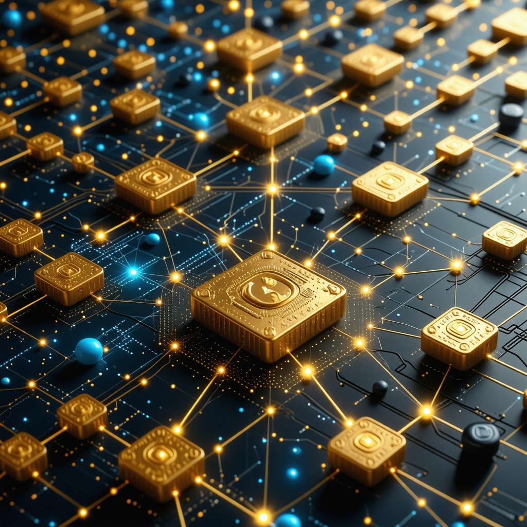 Digital blockchain ledger showing gold coin provenance and ownership history