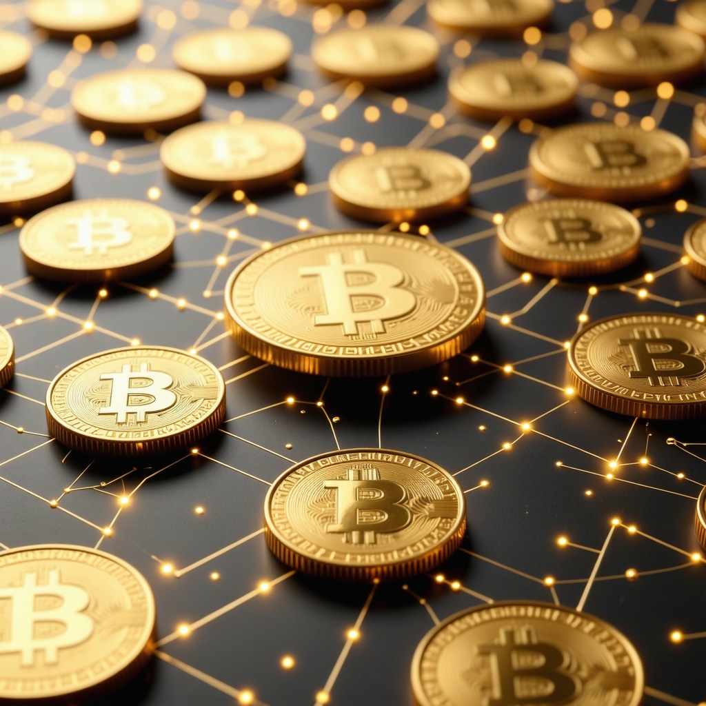 Digital blockchain network with gold coins representing secure investment