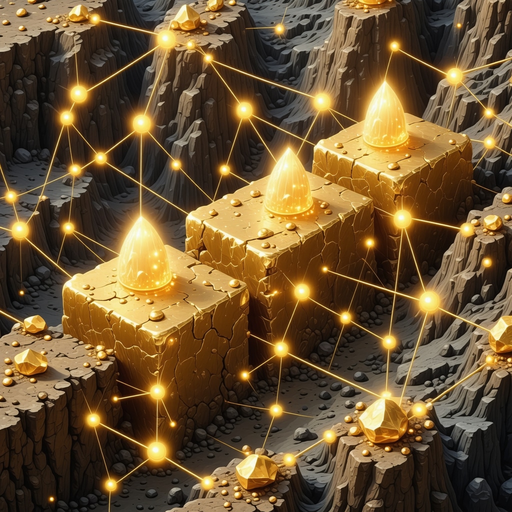 Blockchain network over gold mine showing transparency and security in supply chain
