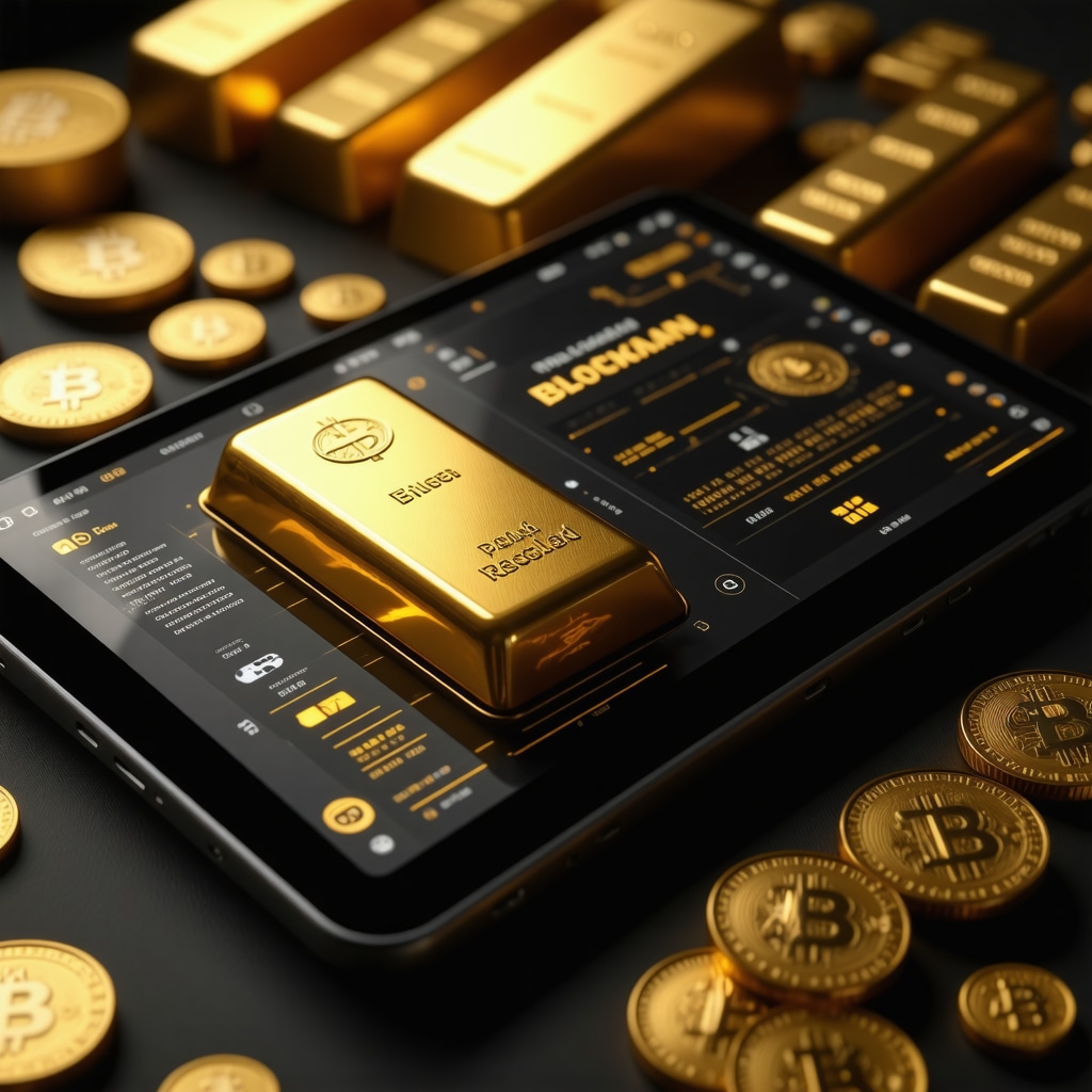 Digital ledger on tablet showing blockchain provenance details of gold bars and coins