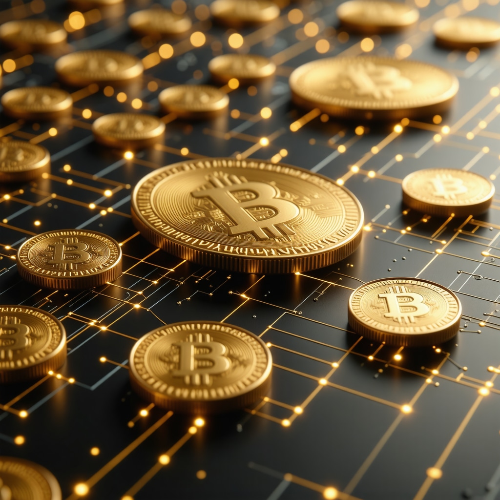 Digital blockchain ledger with gold coins representing secure gold transactions