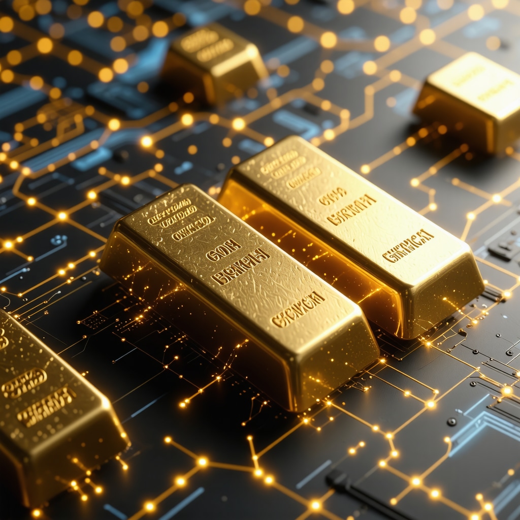 Digital blockchain ledger showing gold bar transactions, symbolizing transparency and security in gold IRAs.