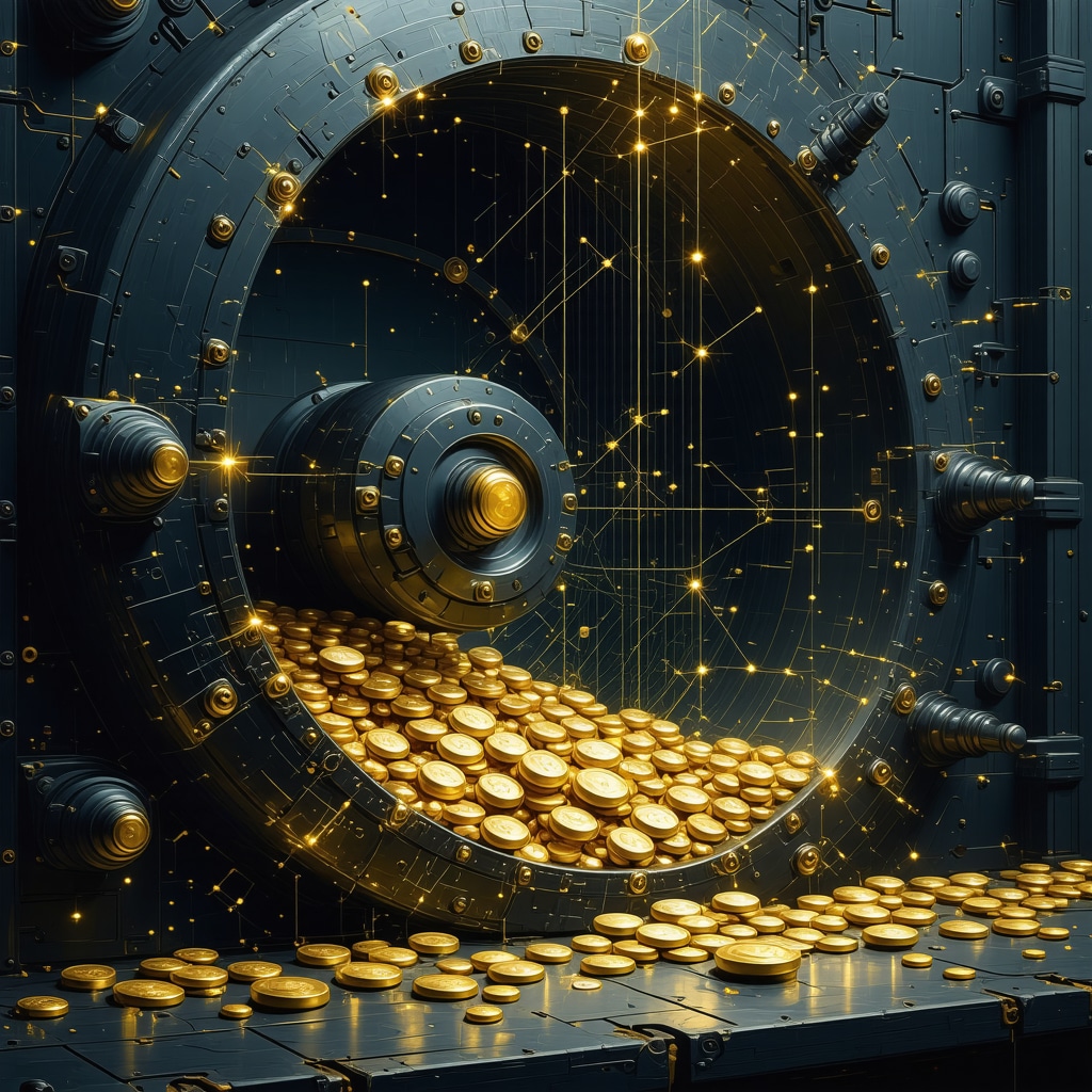 Illustration of blockchain technology securing gold assets in a vault