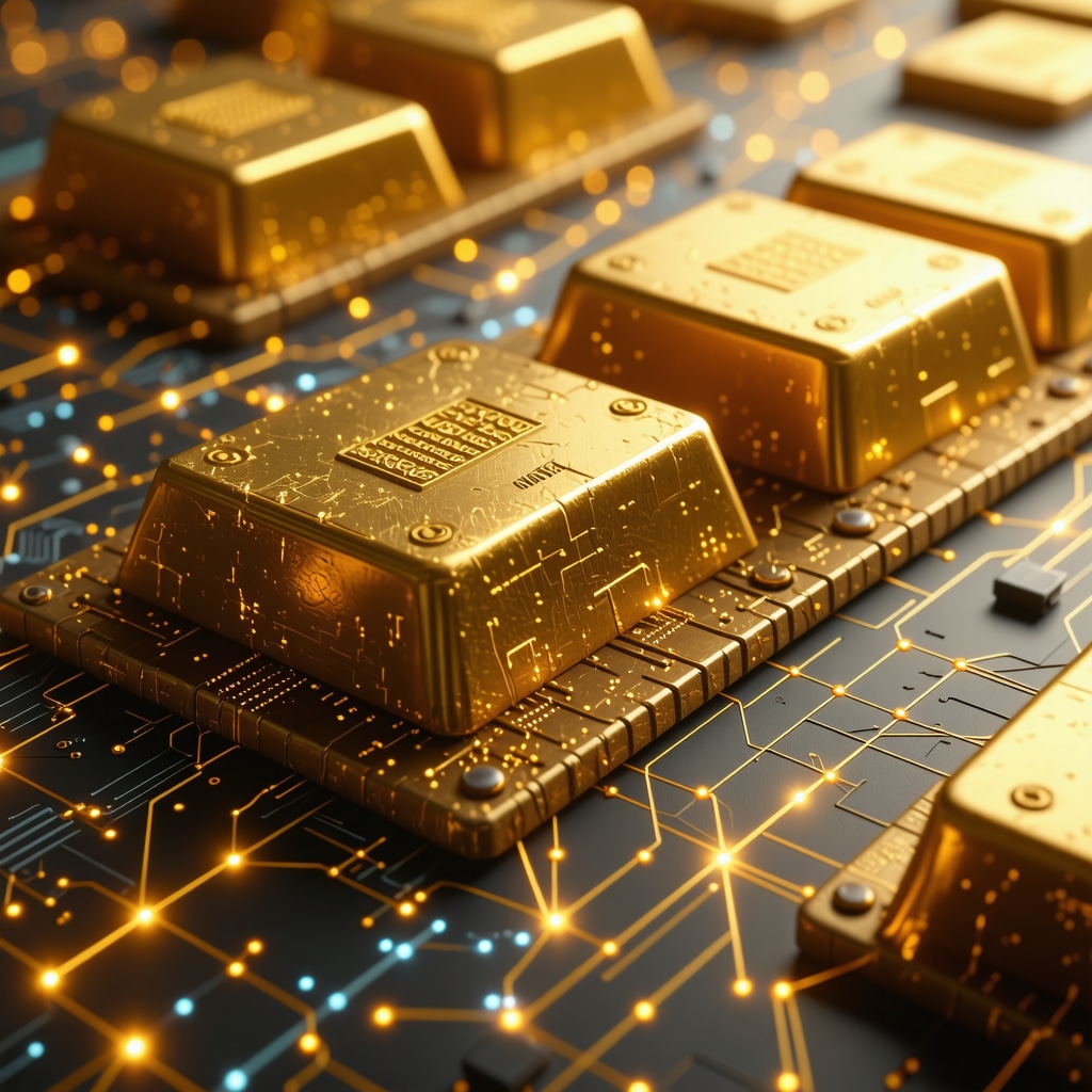 Digital blockchain ledger with gold bars and network connections