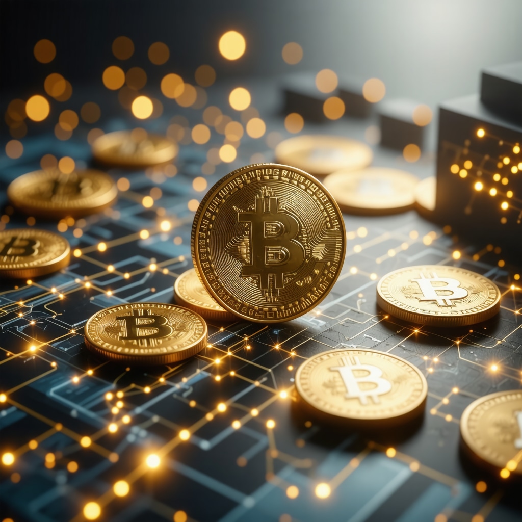 Illustration of blockchain technology used to authenticate gold coins in a digital ledger system