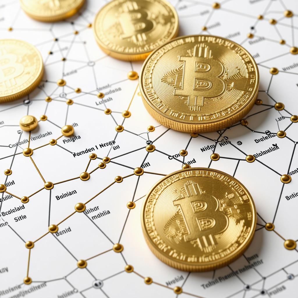 Digital blockchain ledger with gold coins representing secure authentication.