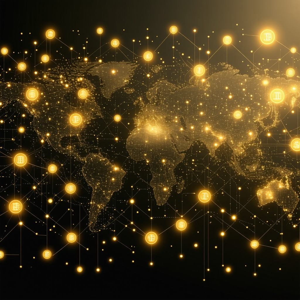 Futuristic blockchain technology visualizing gold supply chain with AI and global symbols