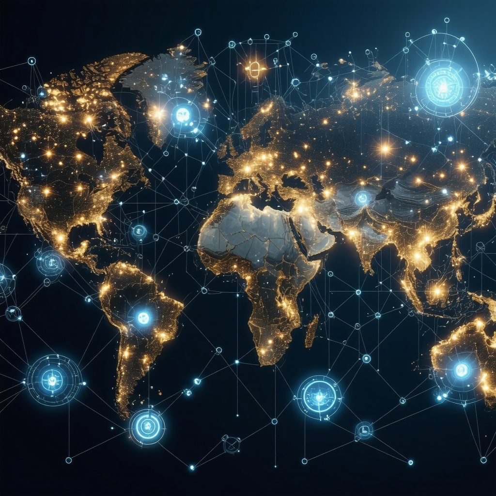 Futuristic blockchain network tracking gold supply chain with AI interfaces