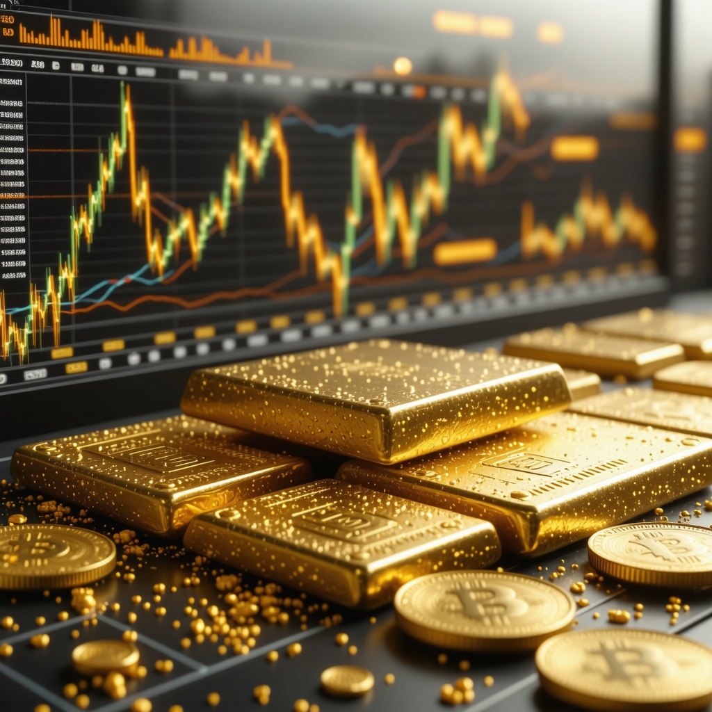 Futuristic digital gold trading platform showcasing blockchain technology and digital currencies.