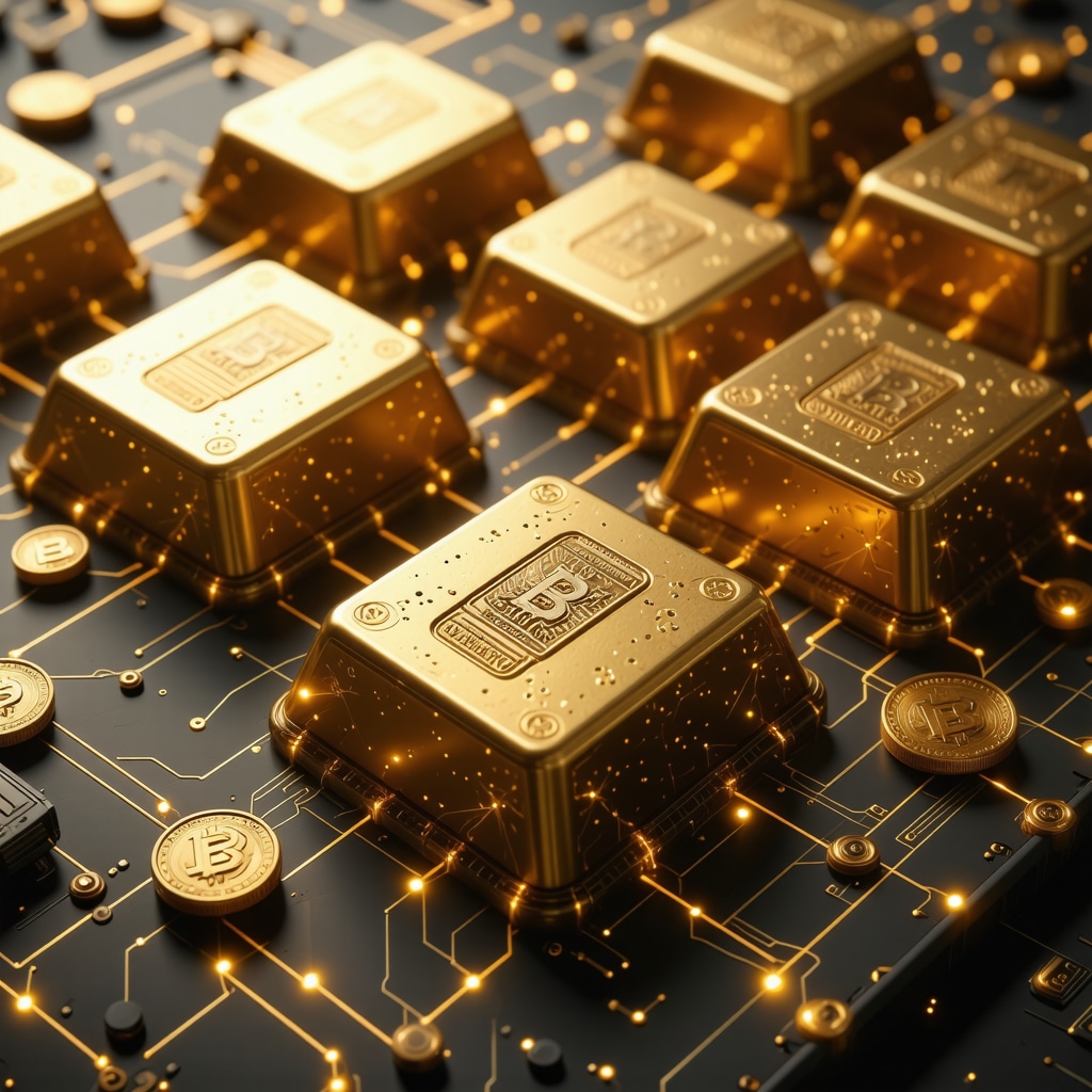 Futuristic blockchain network with gold bars and digital tokens, illustrating transparency and technological innovation.