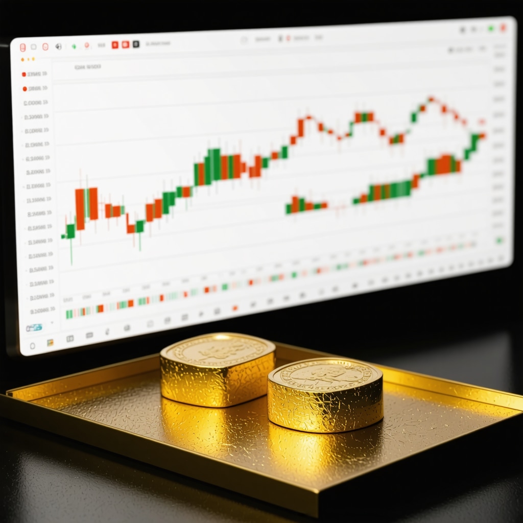 Futuristic blockchain-based digital gold trading interface with analytics