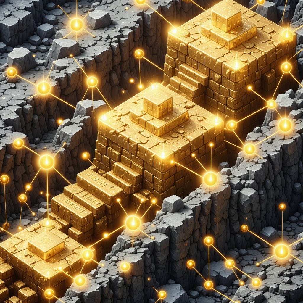 Blockchain network overlaid on a gold mine, symbolizing transparency and security in gold supply chains.
