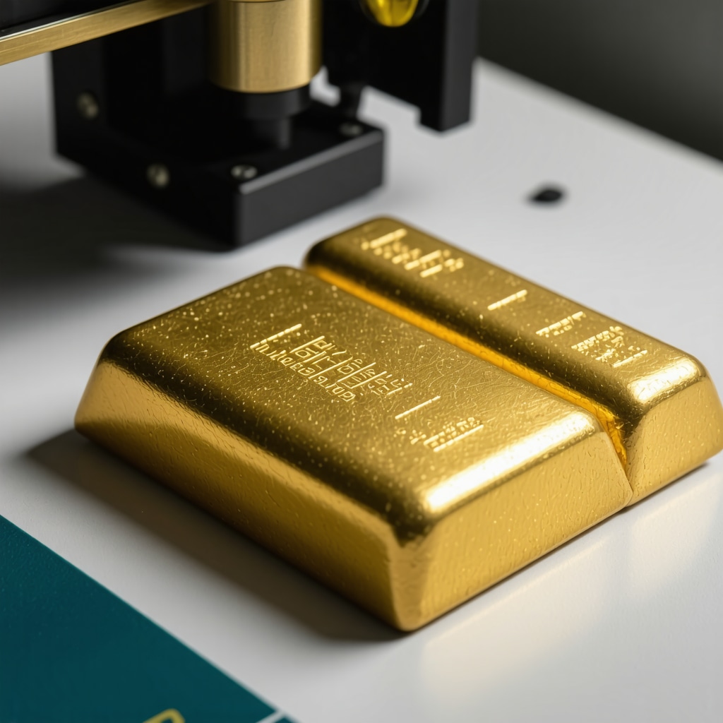 Blockchain ledger with gold bars and spectrometry device for authentication