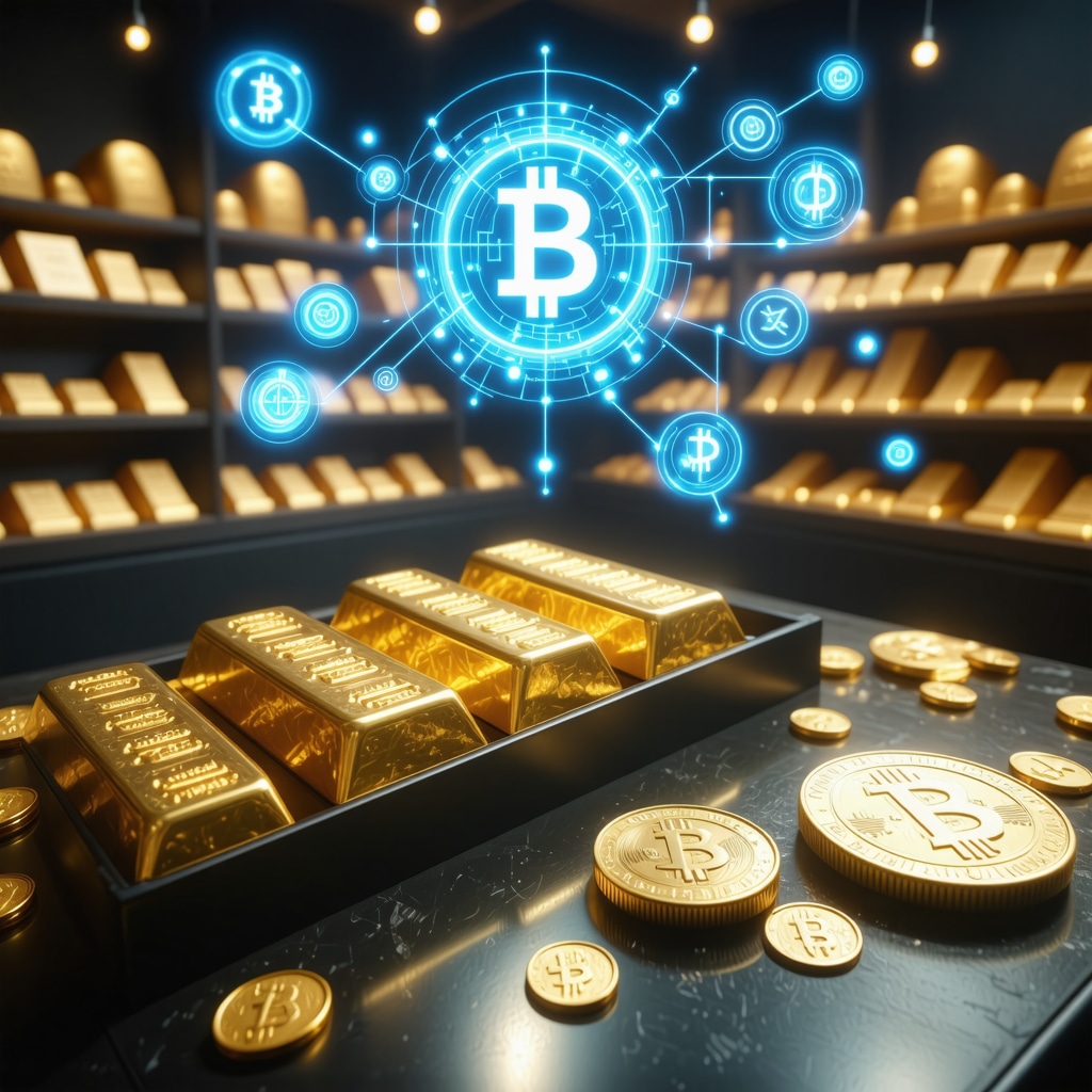Digital blockchain ledger overlaying physical gold bars and a trusted gold dealer storefront