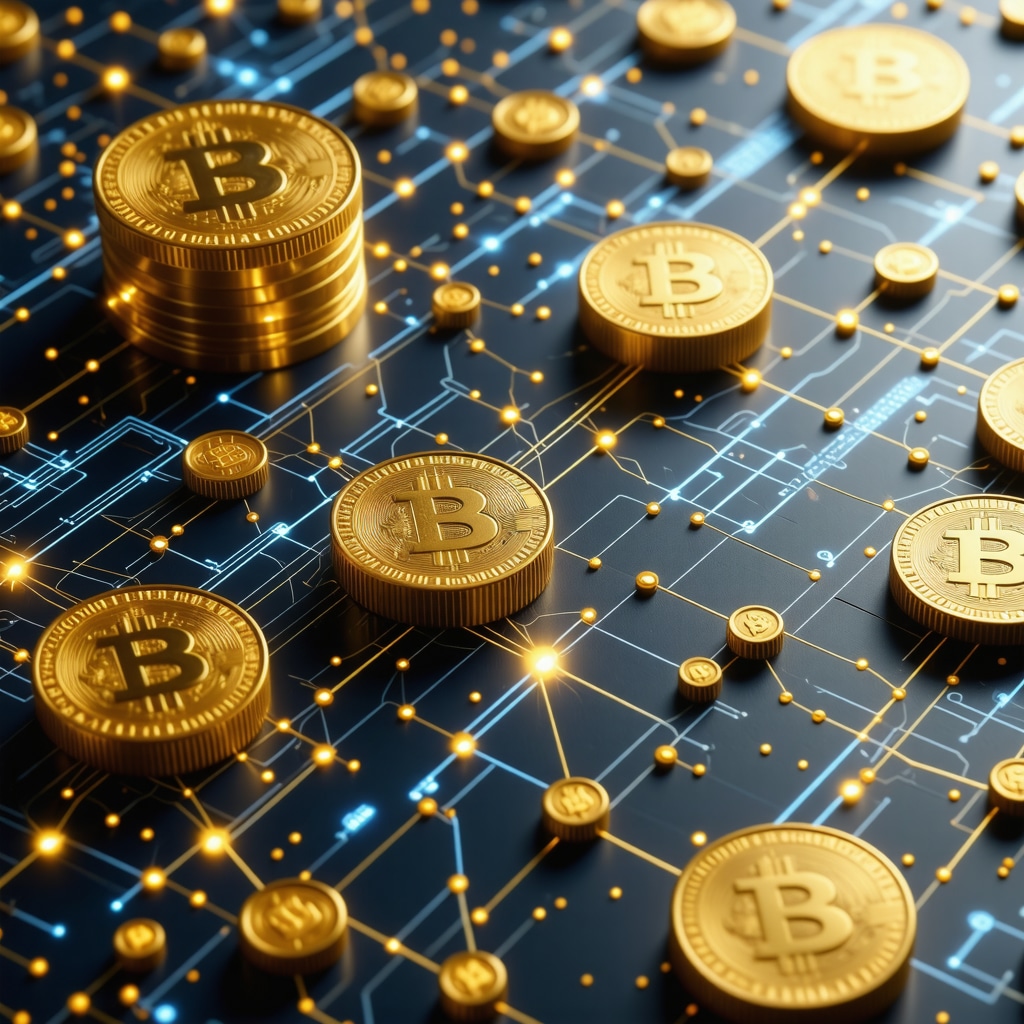 Illustration of digital gold tokens secured on a blockchain network.