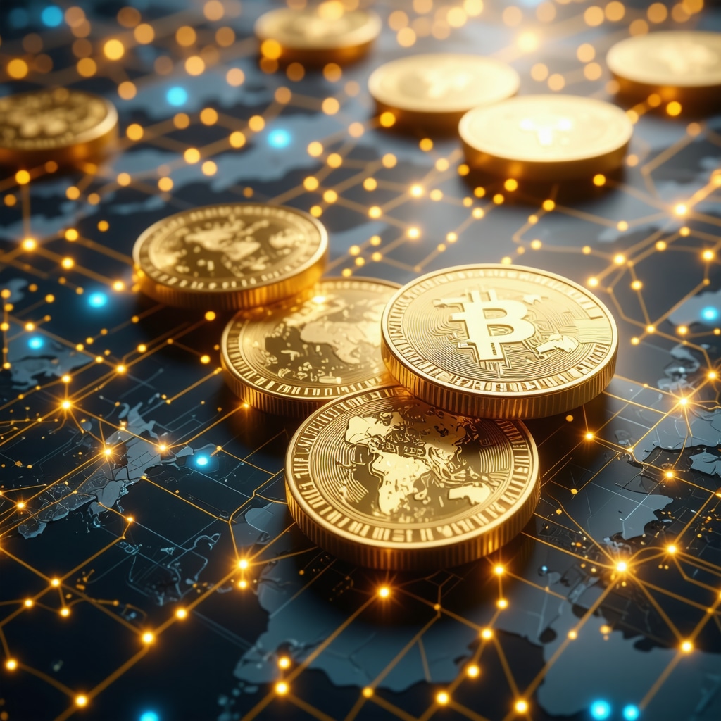 Digital gold tokens on blockchain network representing secure and transparent gold assets
