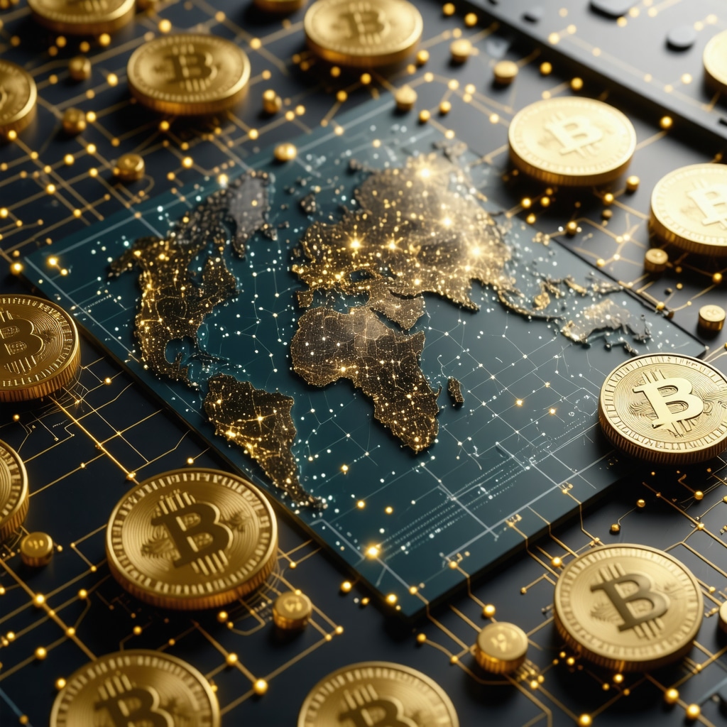 Digital blockchain ledger with gold tokens and global trading icons