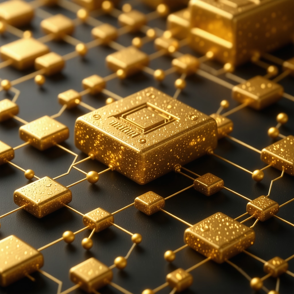 Illustration of blockchain technology securing gold transactions