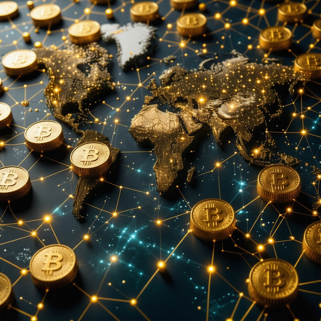 Digital blockchain ledger with gold tokens and global trading network