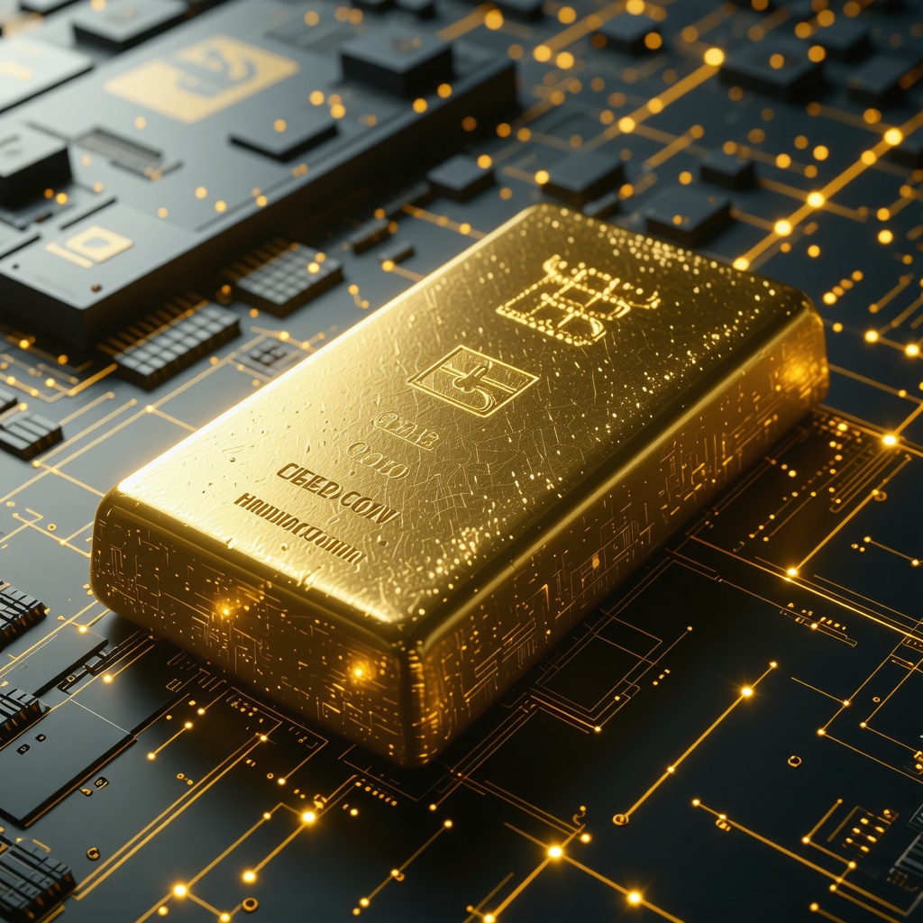 Futuristic digital currency interface over a gold bar representing CBDC and gold investment intersection.