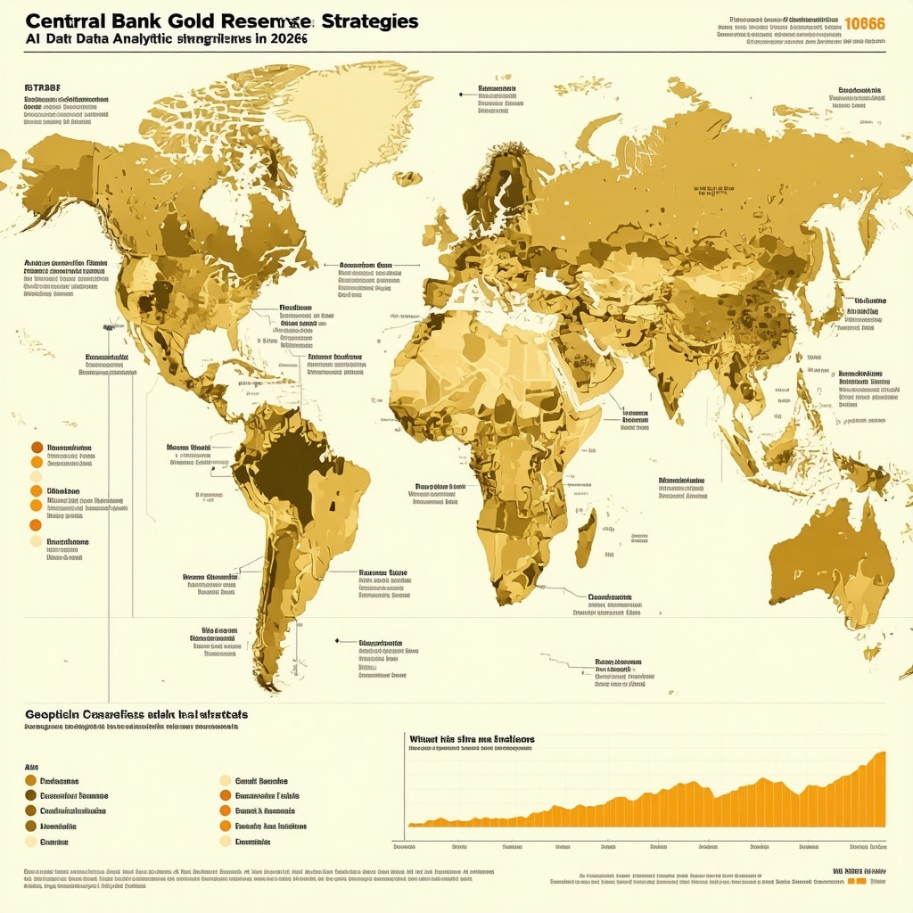 Infographic showing central bank gold buying patterns, AI data analytics, and geopolitical risk factors influencing gold market dynamics in 2026