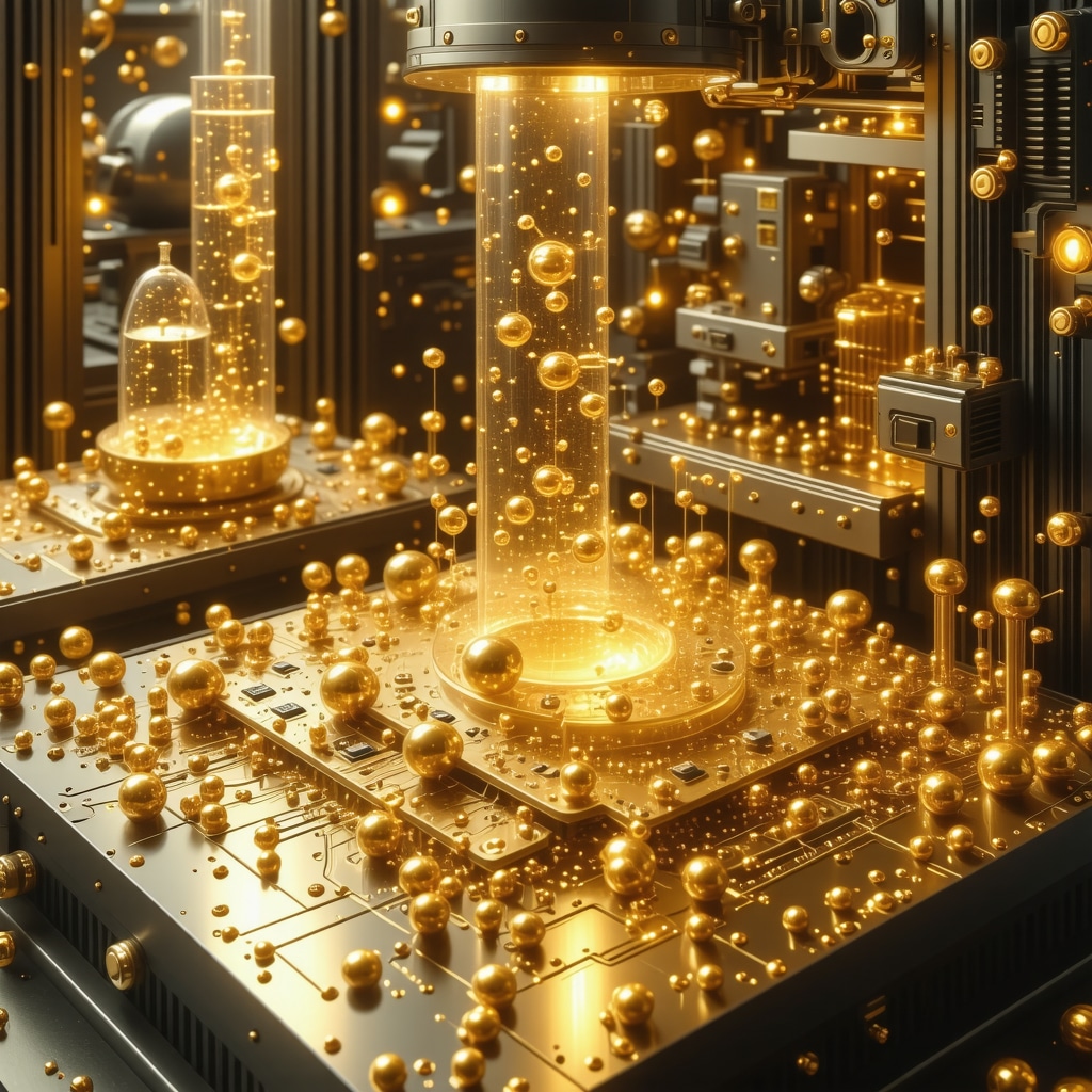 Laboratory scene showcasing gold nanoparticles and electronic components representing technological advancements in gold usage in 2025.