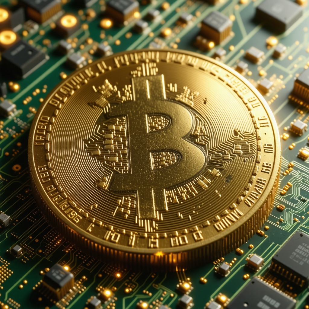 Visual representation of blockchain certificates and biometric security features for gold coins