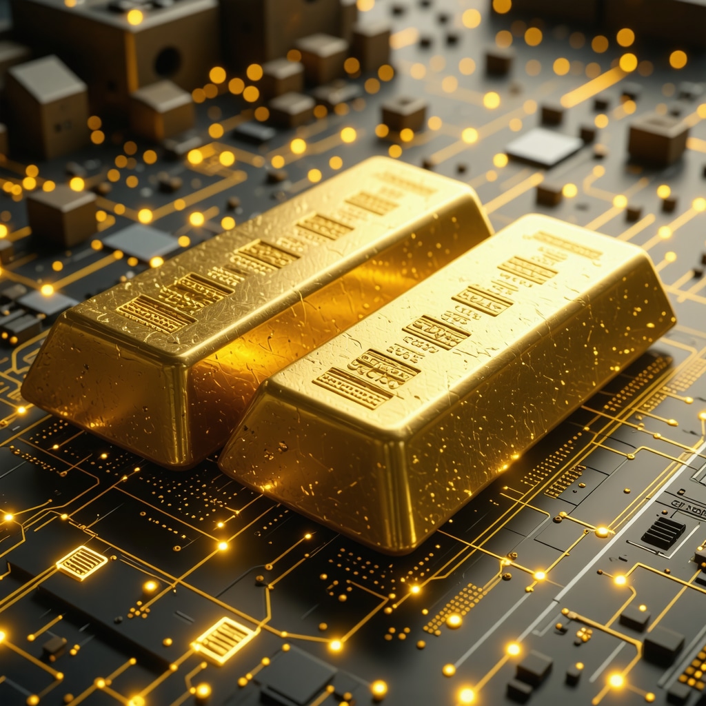 Futuristic digital blockchain interface displaying gold bars and eco-friendly mining symbols