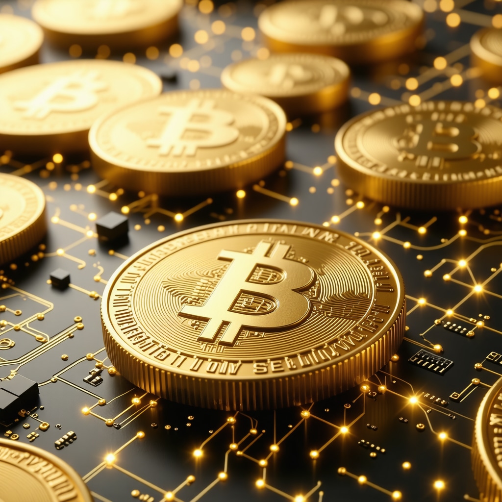 Futuristic digital gold tokens on blockchain network, representing advanced gold investment technology