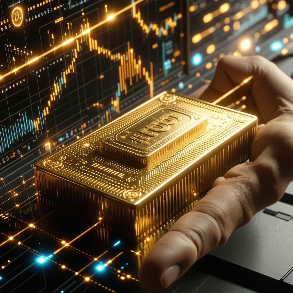 Futuristic digital gold investment platform with blockchain and analytics visuals