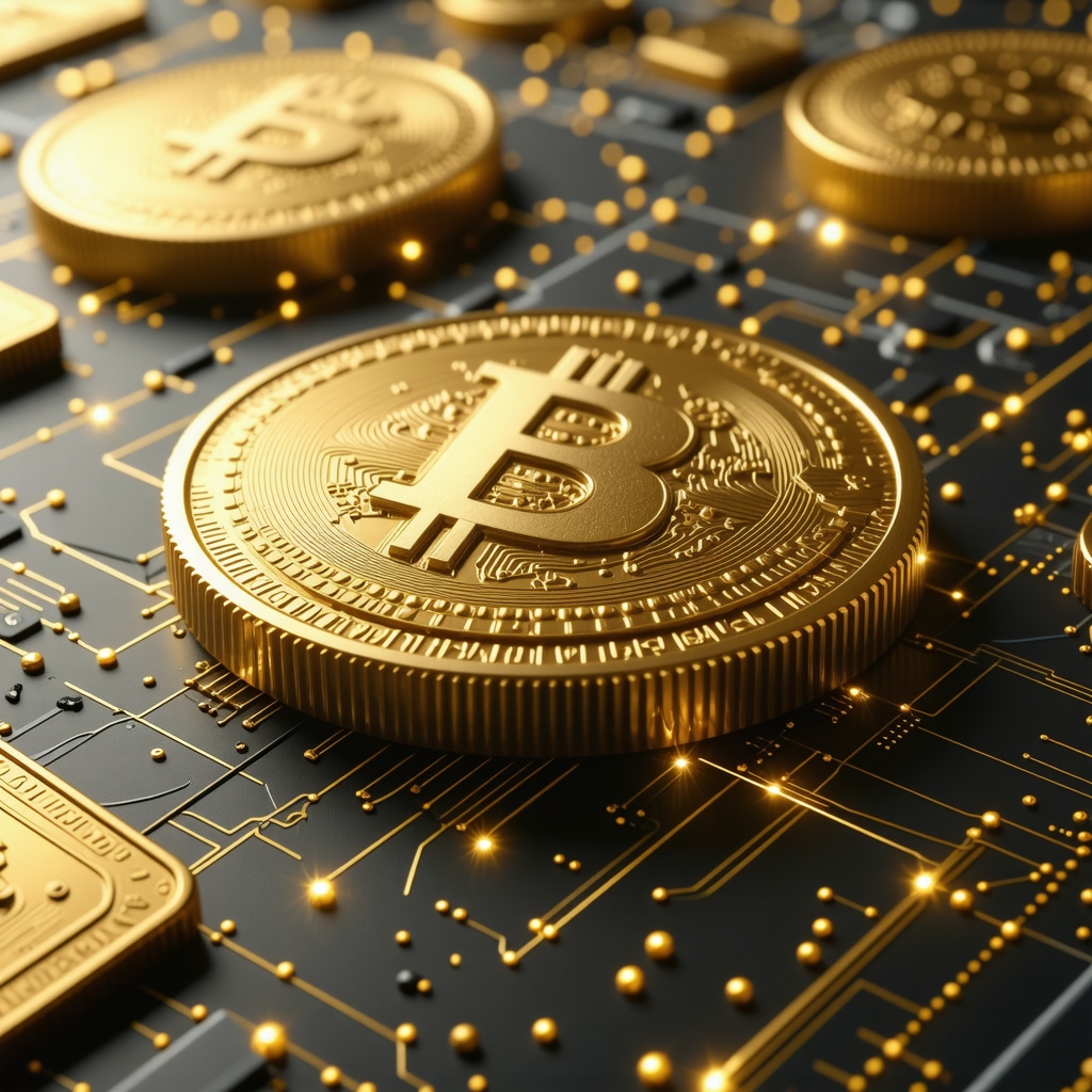 Futuristic digital gold tokens and blockchain technology concept