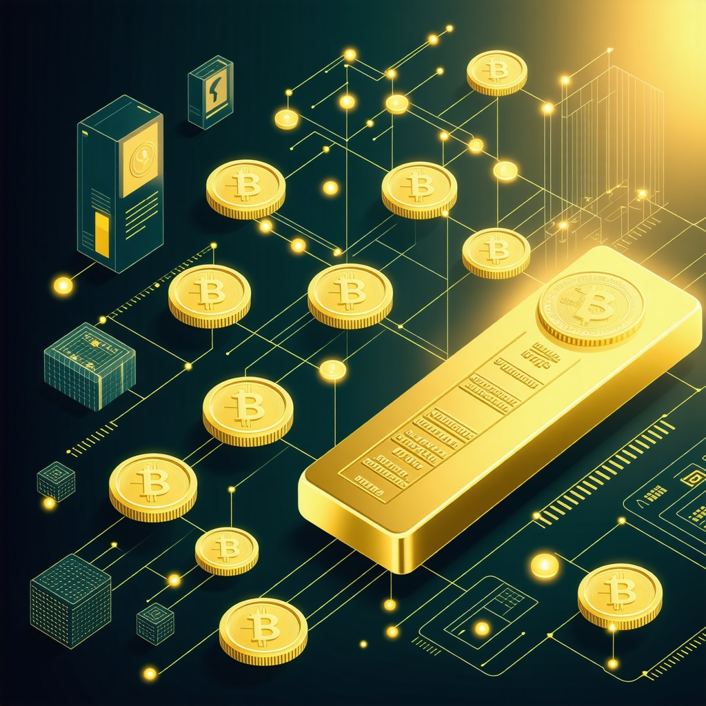 Digital gold tokens backed by blockchain technology with AI analysis overlay