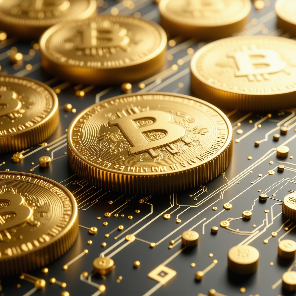 Futuristic digital gold tokens representing blockchain-based gold investments