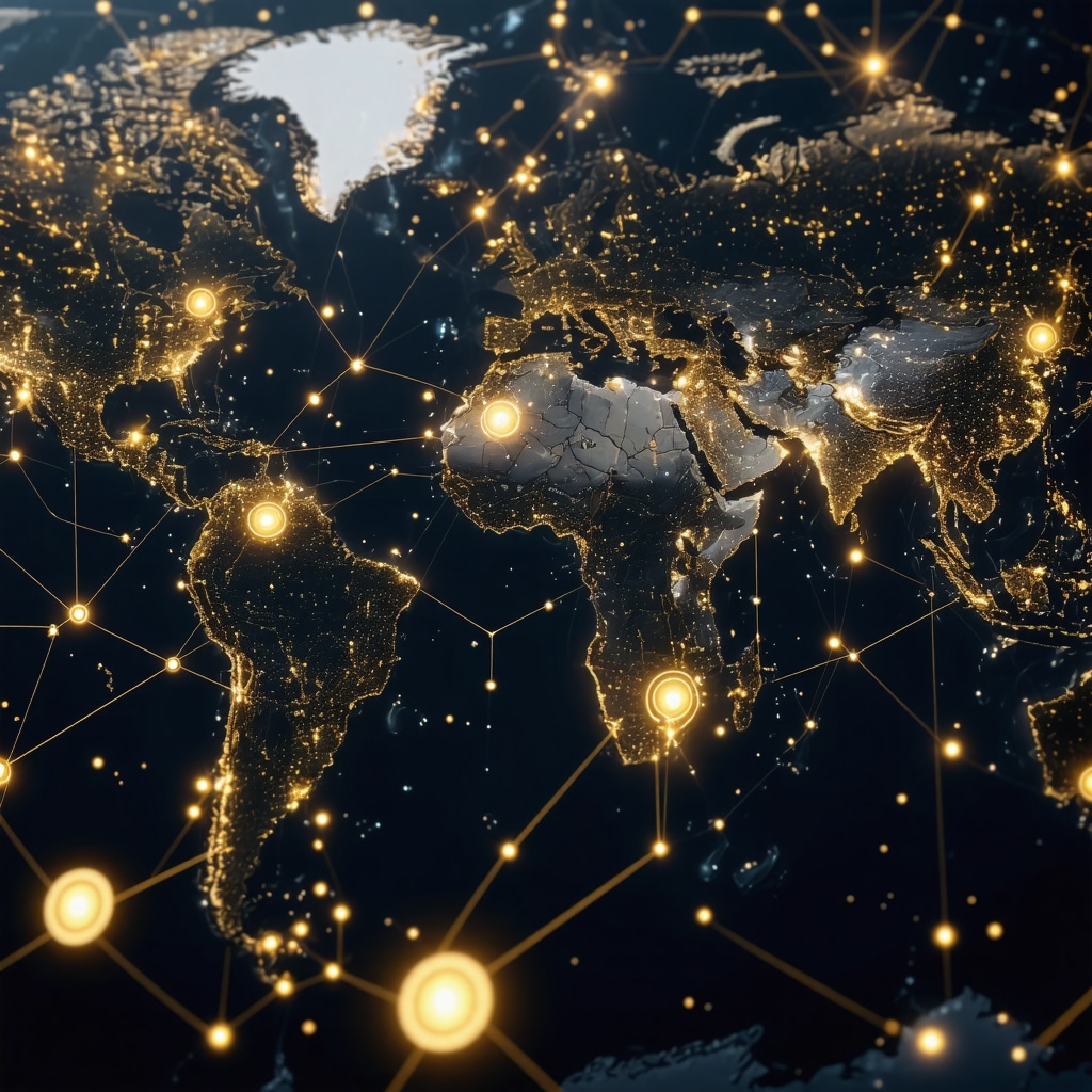 Futuristic blockchain-based gold trading platform with digital coins and global connectivity