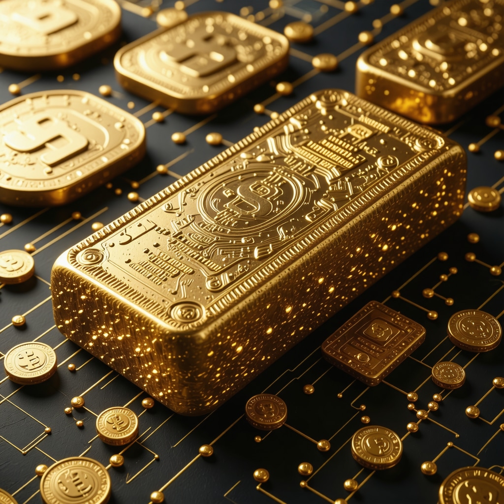 Futuristic digital gold trading interface with blockchain and AI visuals
