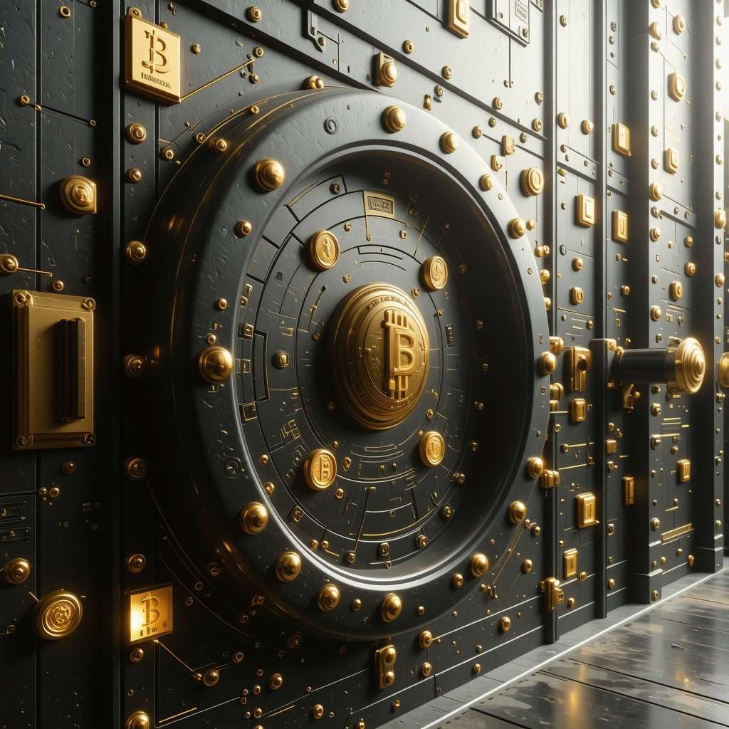 Futuristic digital vault showcasing gold bars and blockchain symbols, illustrating the convergence of physical and digital gold assets.