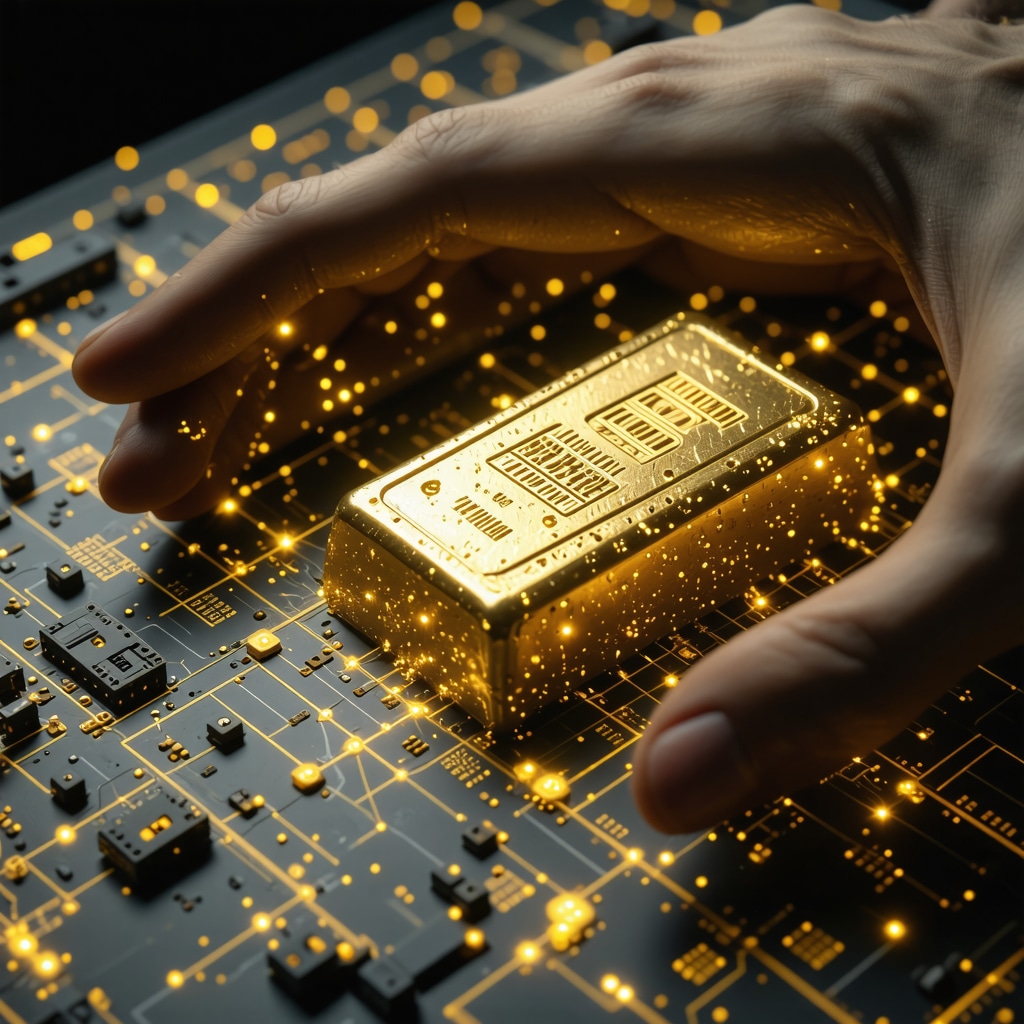 Futuristic digital gold trading platform showcasing blockchain technology and investors