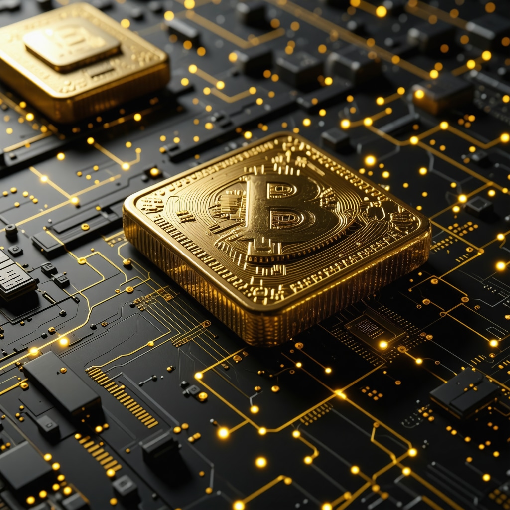 Futuristic digital interface showing gold trading with blockchain elements