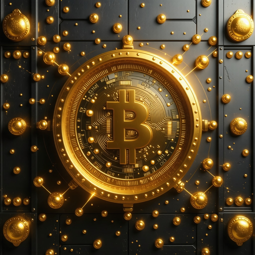 Illustration of blockchain-based digital gold trading platform with secure vaults and digital tokens.